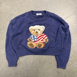 Grayson Threads Kids Navy Blue American Flag Teddy Bear Knit Cropped Sweater